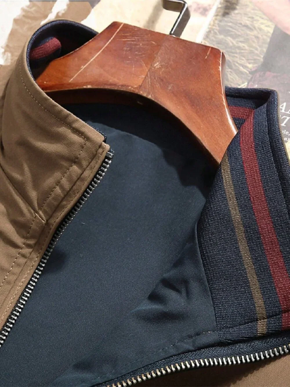 Khaki Modern Casual Men's Zippered Funnel Neck Windbreaker Jacket